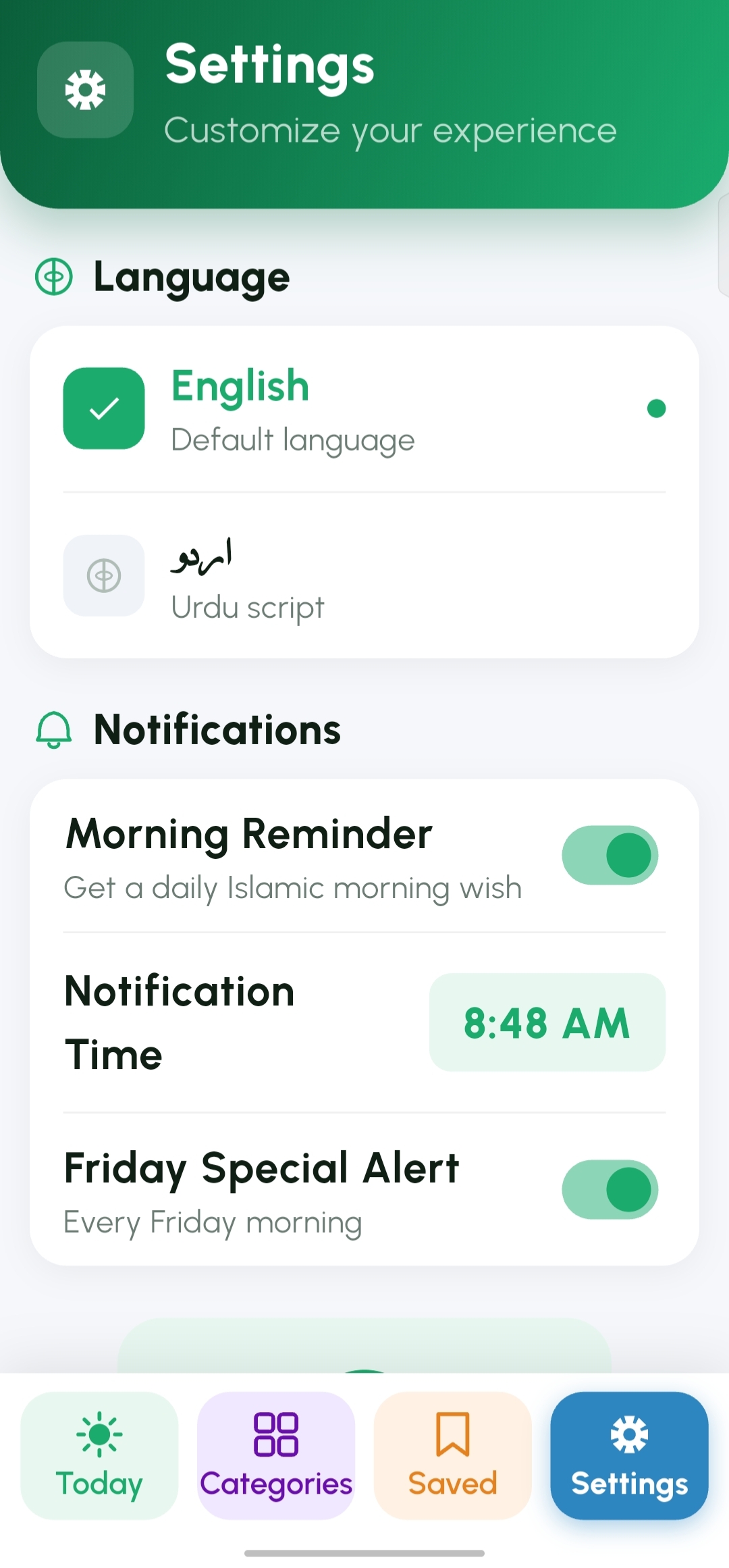 Settings screen with language, morning reminder and Friday special alert