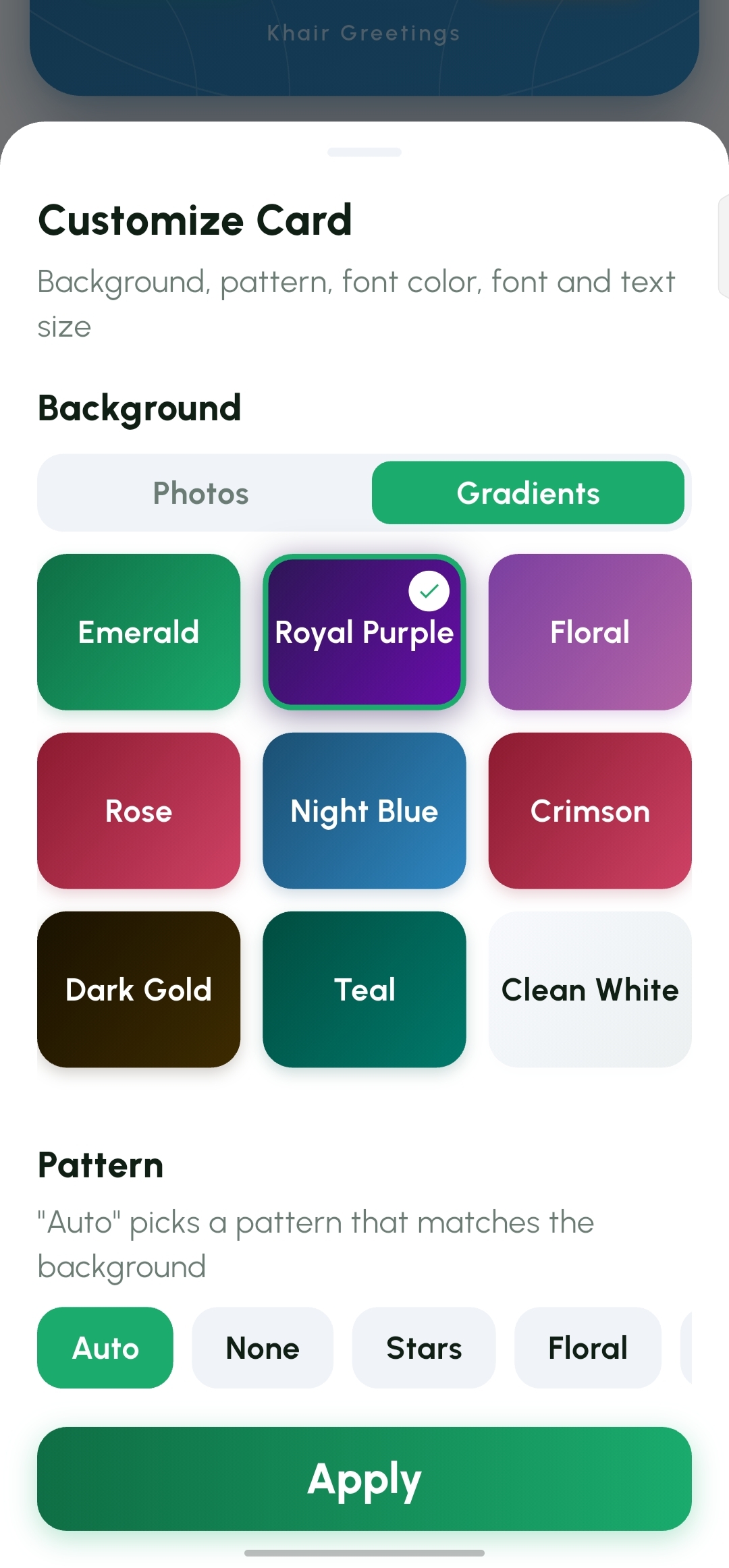 Customize Card sheet showing nine gradient backgrounds and pattern options